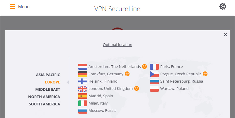 VPN SecureLine : choix des pays